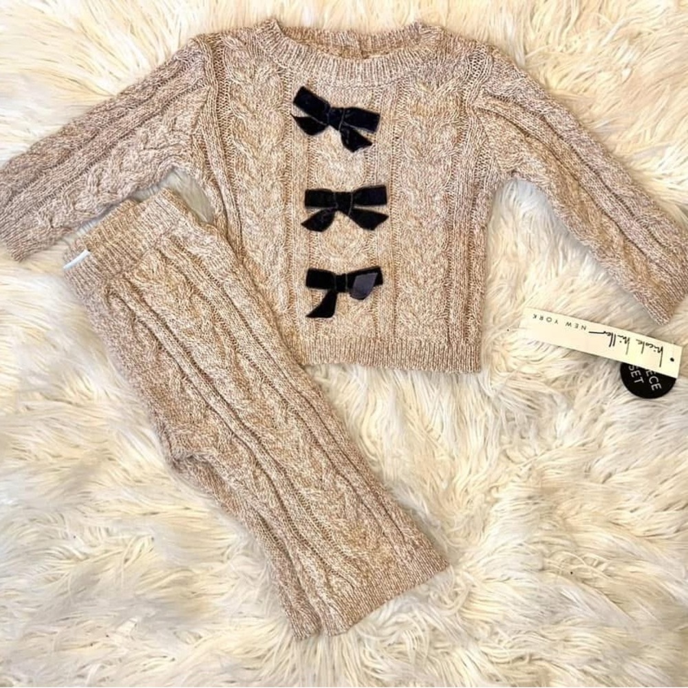Baby Tan Cable Knit Sweater set with Black Velvet Bows NWT